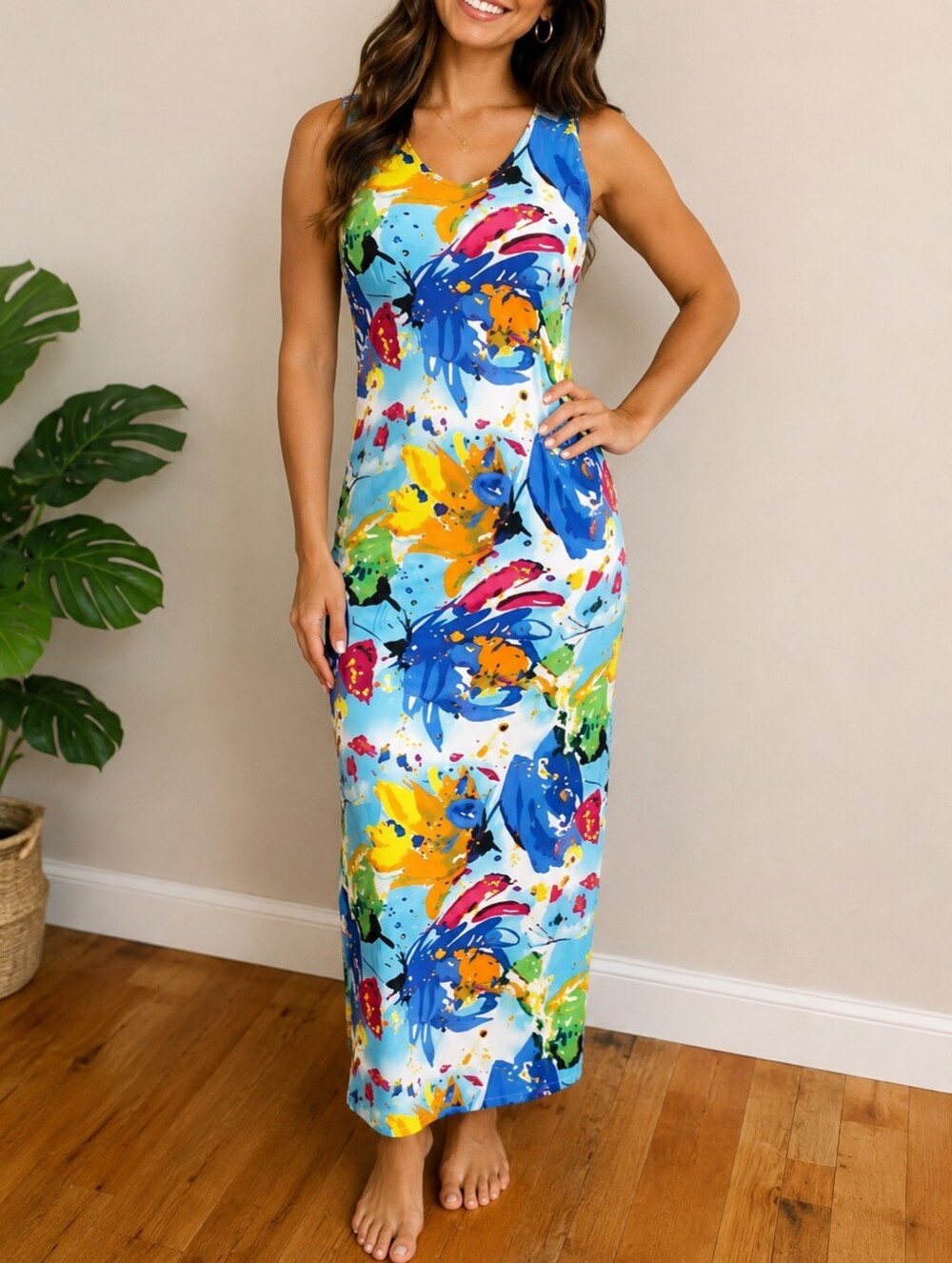 Beach, Hawaian Luau Maxi Watercolor splash Dress, Size M-L